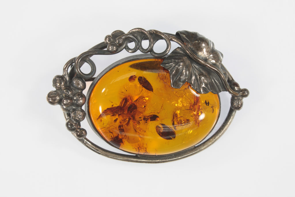 Vintage Sterling Silver Amber and Grape & Leave Brooch Pin 15g