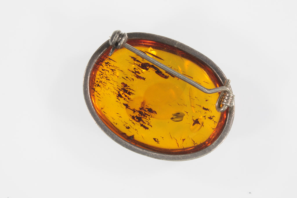 Vintage Baltic Amber Sterling Silver Smooth Oval Brooch Pin 9.5g