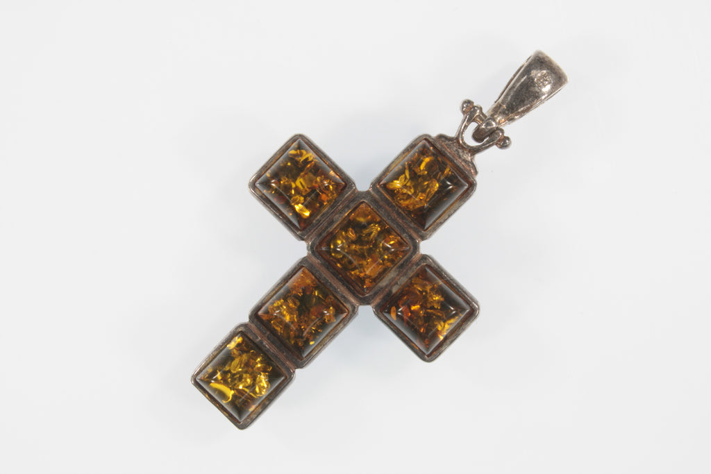 Vintage Sterling Silver Gold Tone Amber Cross Pendant 6.2g