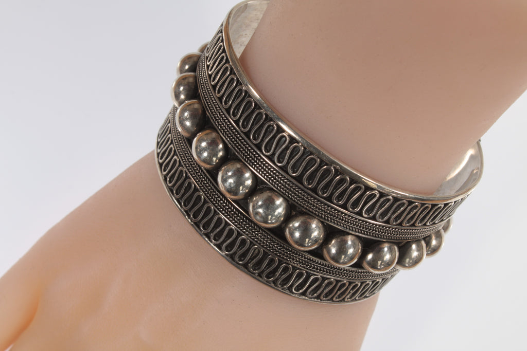 Handmade Wide Sukawati Lace w/Beads Sterling Silver Cuff Bracelet! 55.6g