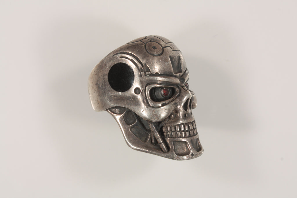 Amazing Terminator Skull Ruby Eyes Sterling Silver Men's Ring Size 8.75