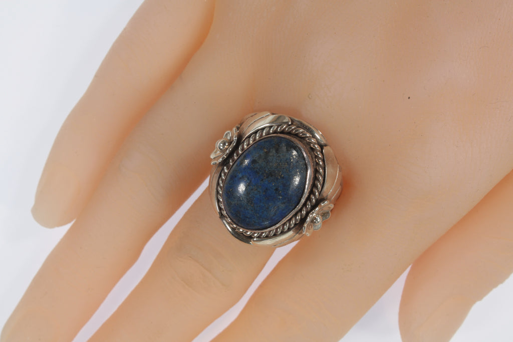 Beautiful Sterling Silver Lapis Lazuli Leaves & Flowers Ring Sz 11.25