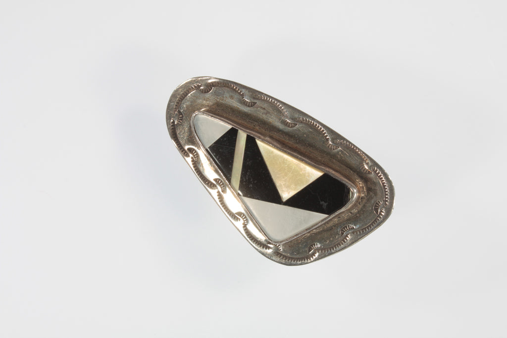 Large Zuni Geometric Inlay Sterling Silver Ring SZ: 6.25