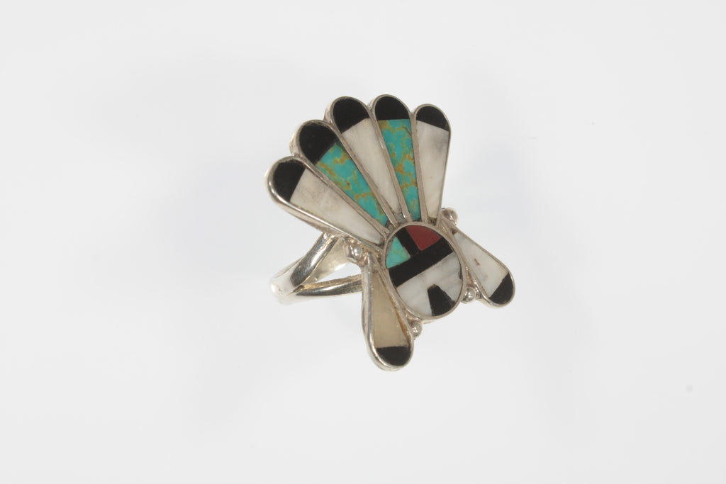 Zuni Sunface Inlay Sterling Silver Ring SZ: 7.50
