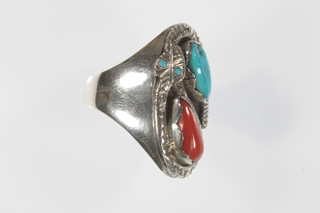 Men's Zuni Sterling Silver Turquoise & Coral Snake Ring By Ray Nieto Size 10