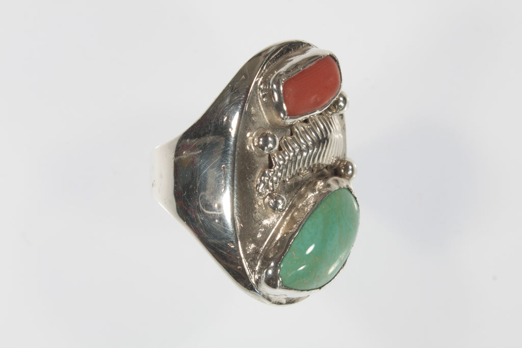Vintage Men's Navajo Sterling Silver Turquoise & Coral Ring Sz: 9.25