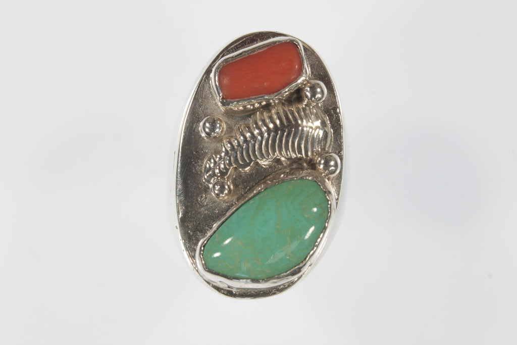 Vintage Men's Navajo Sterling Silver Turquoise & Coral Ring Sz: 9.25