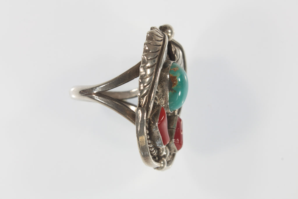 Vintage Navajo Sterling Silver Turquoise & Coral Ring Sz: 6.50