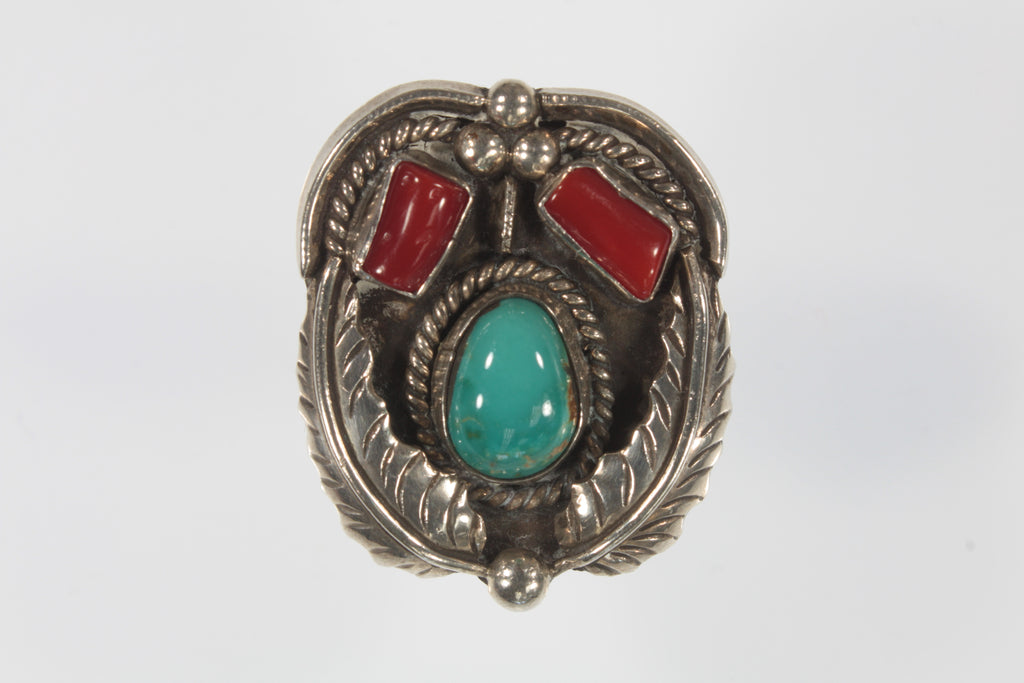 Vintage Navajo Sterling Silver Turquoise & Coral Ring Sz: 6.50