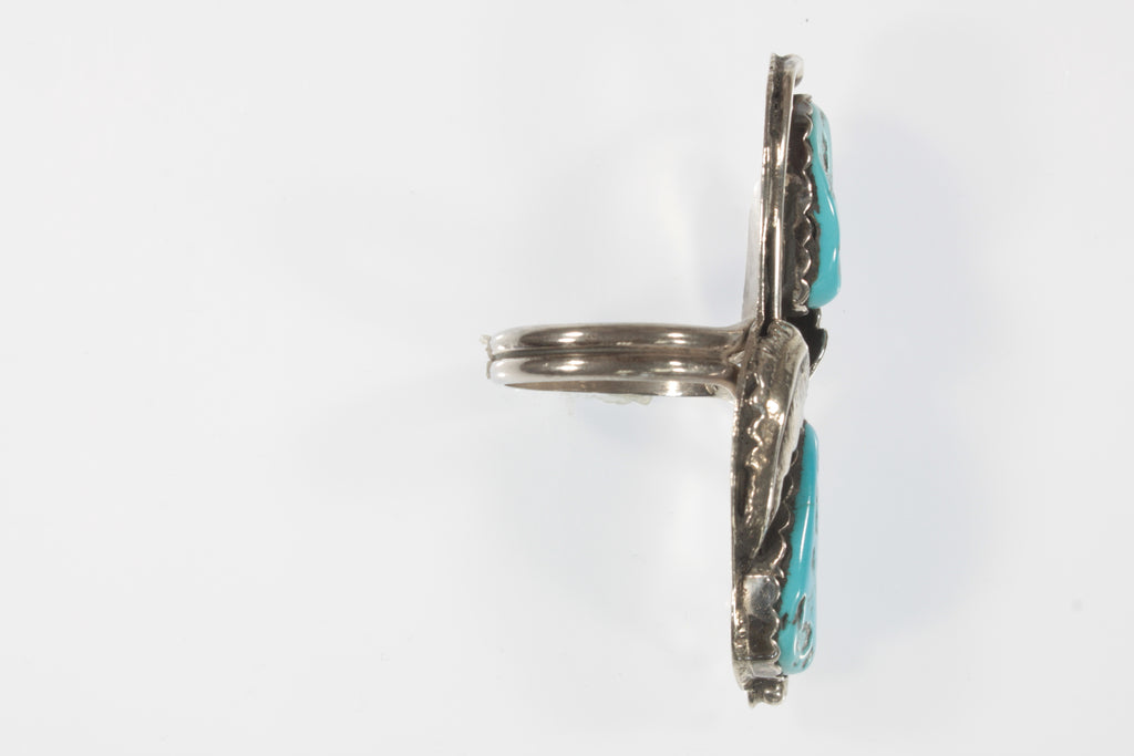 Sterling Silver Navajo Turquoise Long Ring with Leaf Accents Size 7.75