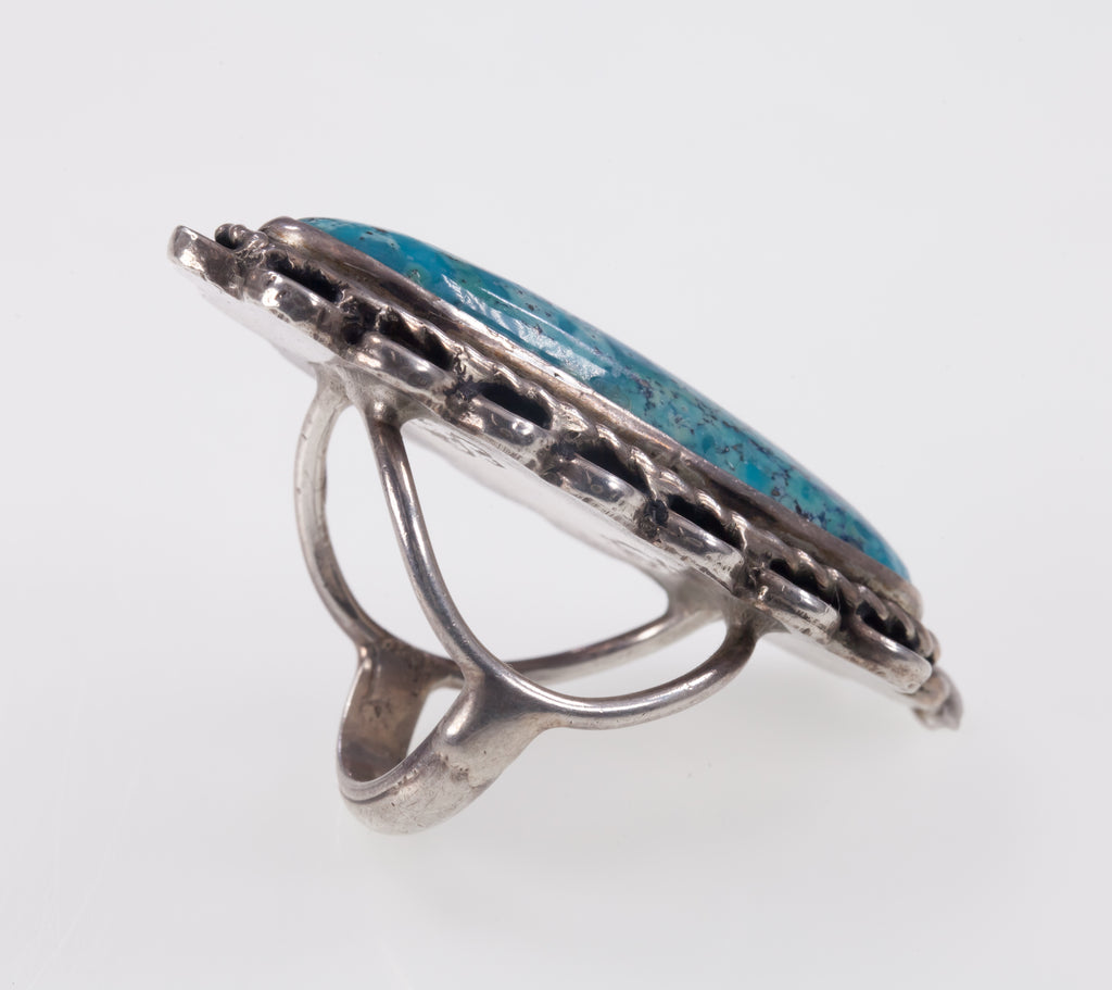 Navajo Native American Sterling Silver & Long Turquoise Ring Size 5.50