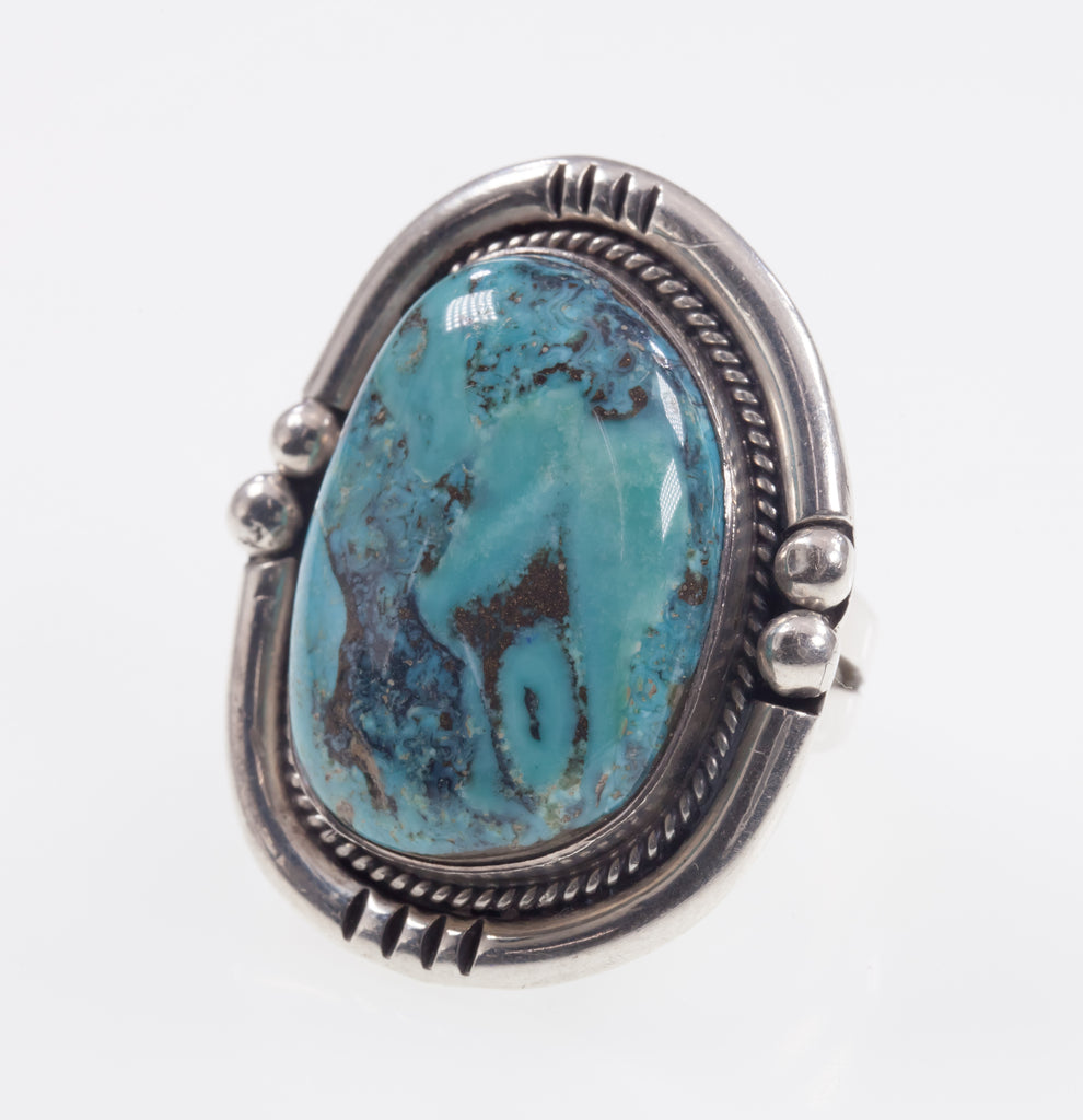 Sterling Silver Navajo Turquoise Ring with Bead Accents Size 8