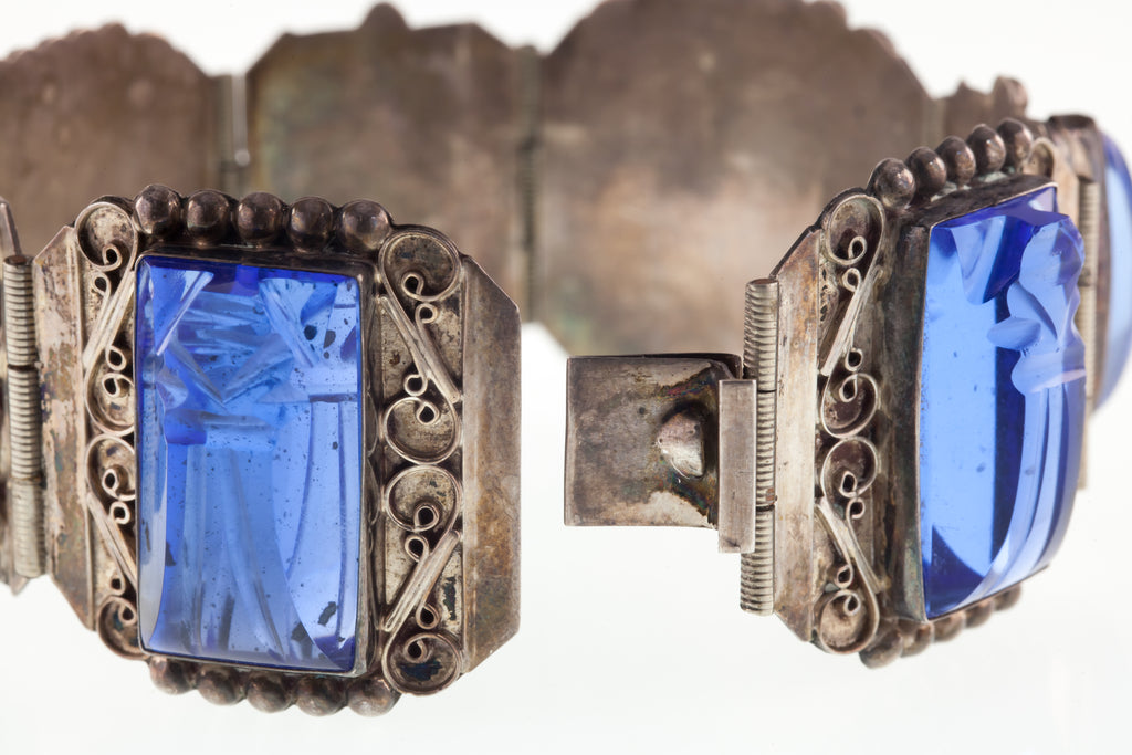 Vintage Mexico Icuala Sterling Silver Blue Glass Aztec Warrior Bracelet 7.50"