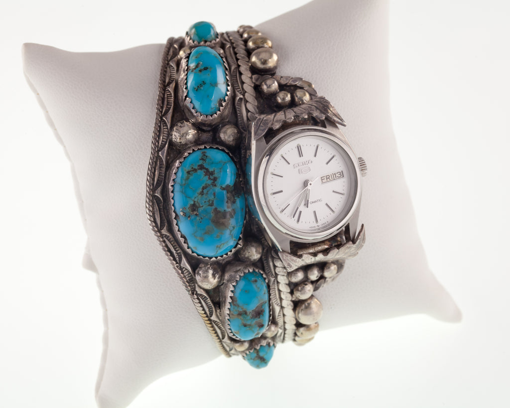 Unique Navajo Turquoise Cuff Watch w/ Seiko 5 DayDate Automatic