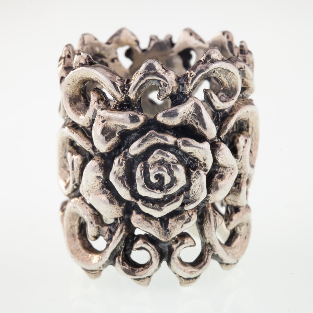 Gothic Rose and Vine Extra Long Sterling Silver Band Ring Size 9