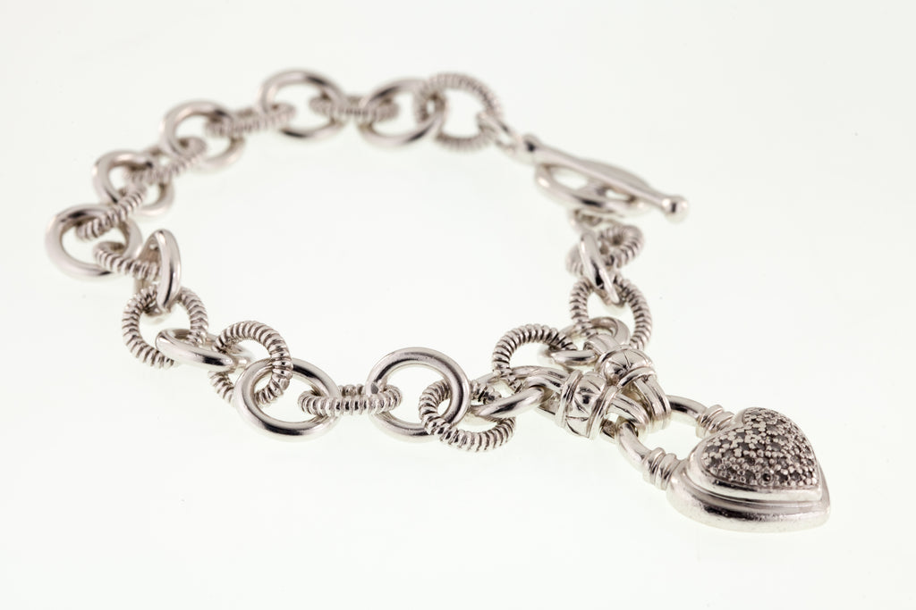 Sterling Silver Diamond Heart Charm Toggle Bracelet 6.75"