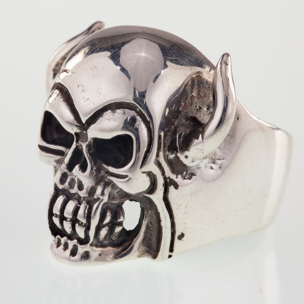 Men's Biker Skull w/Horns Sterling Silver Ring Size 9