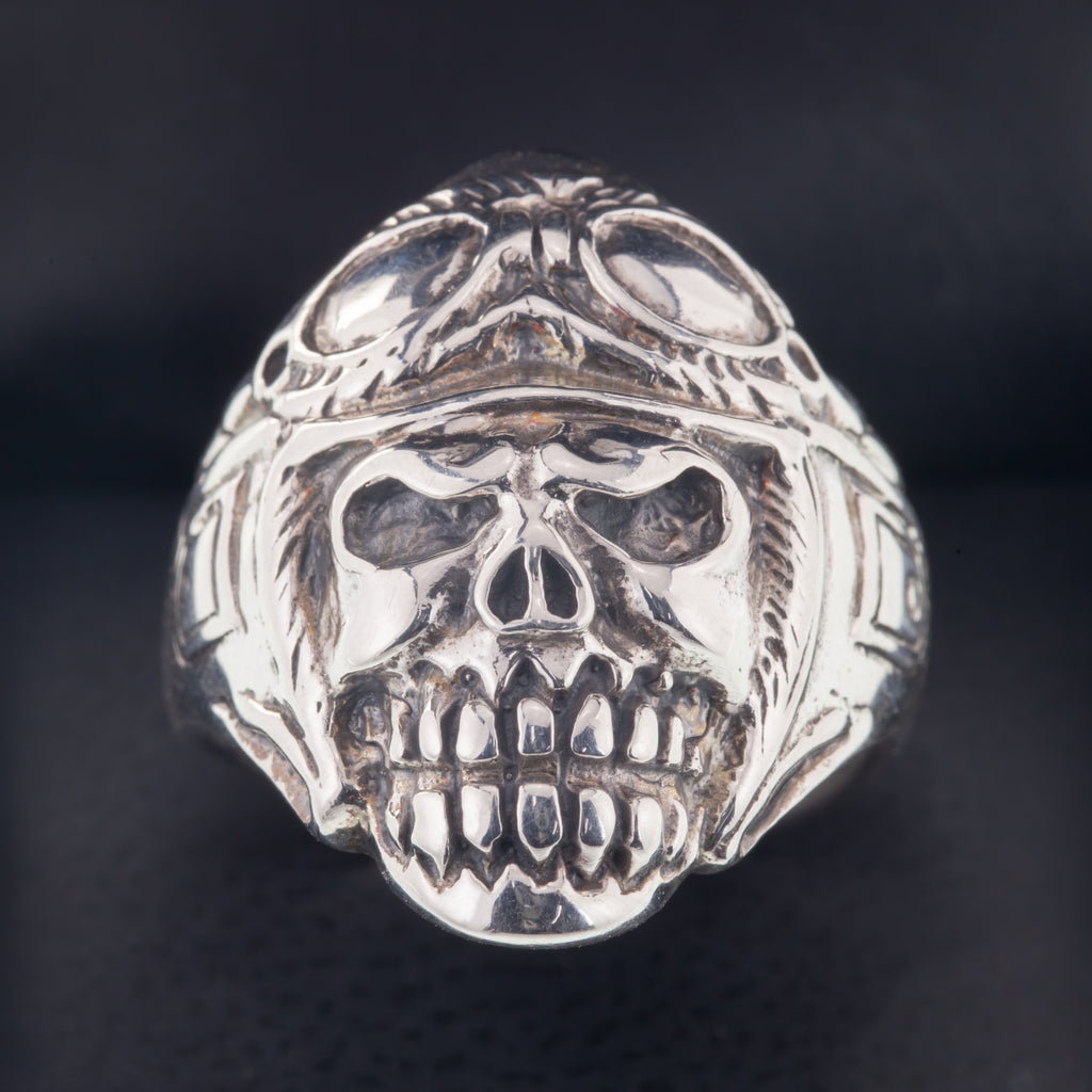 Men's Biker Skull w/Helmet and Goggles In Sterling Silver Band Ring Size 9.75