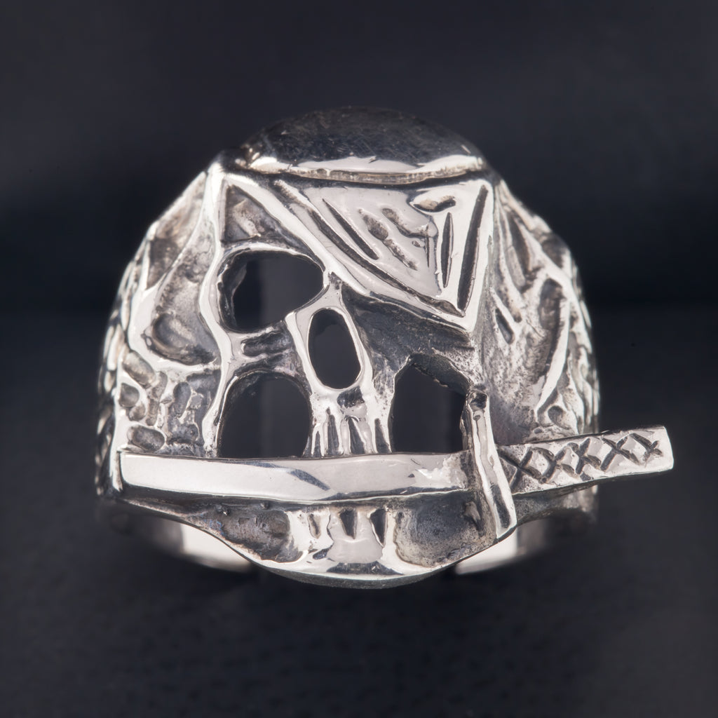 Men's Biker Pirate Skull w/ Eye Patch & Knife In Sterling Silver Ring Size 10.25