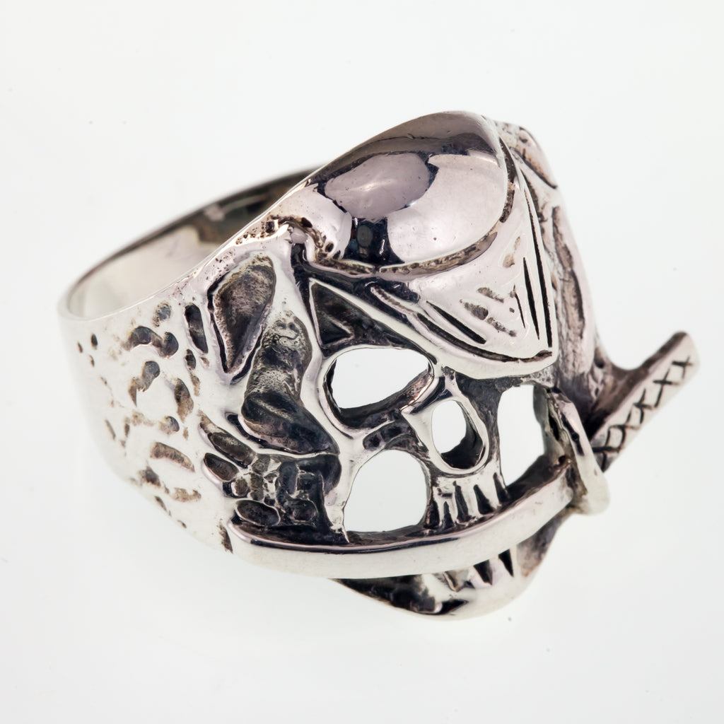 Men's Biker Pirate Skull w/ Eye Patch & Knife In Sterling Silver Ring Size 10.25