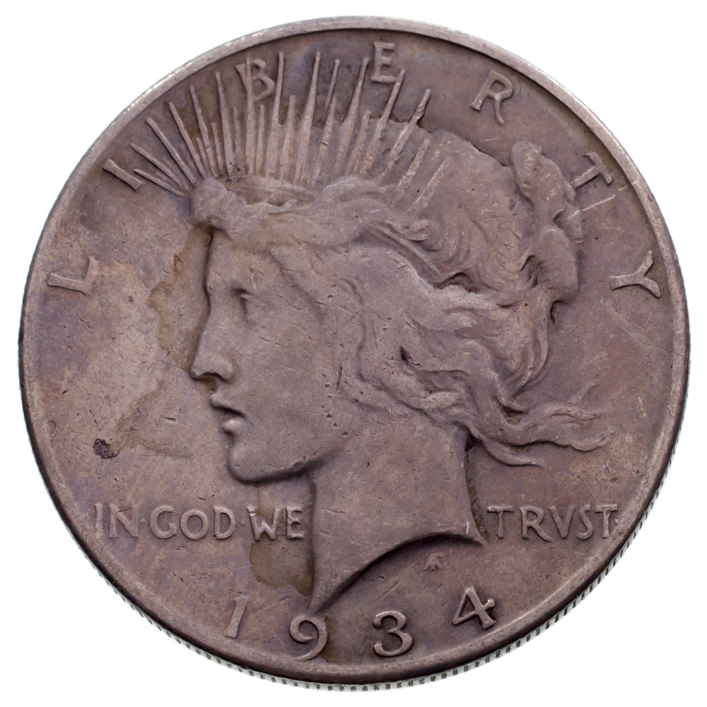 1934-S $1 Silver Peace Dollar in Fine+ Condition, Light Gray Color Strong Detail