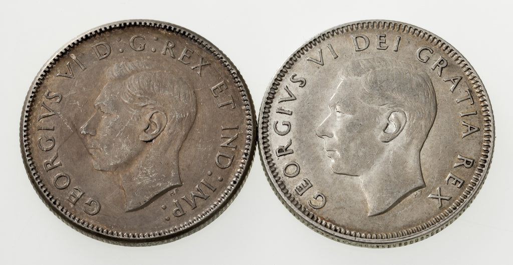 Lot of 2 Canada 25 Cents coins (1945 25C AU and 1948 25C AU) KM 35, 44