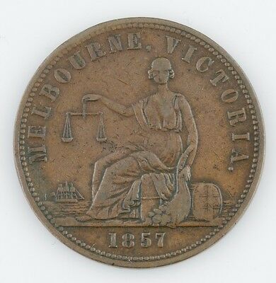 1857 AUSTRALIAN PENNY TOKEN VERY FINE COIN PRIVATE ISSUE MELBOURNE