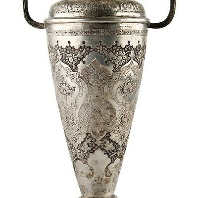PAIR OF ANTIQUE VTG PERSIAN SILVER ENGRAVED VASES