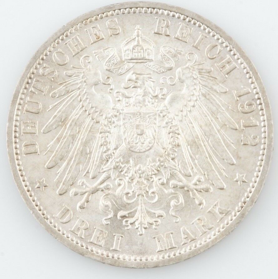 1912 A GERMAN STATES 3 MARK PRUSSIA DREI GERMANY COIN UNCIRCULATED