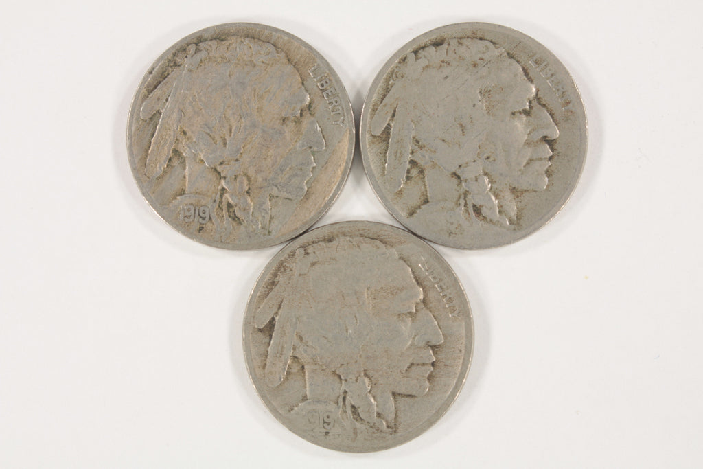 Lot of 3 Buffalo Nickels (1919-P + D + S) in VG to VF Condition, Natural Color