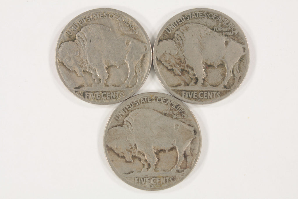 Lot of 3 Buffalo Nickels (1919-P + D + S) in VG to VF Condition, Natural Color