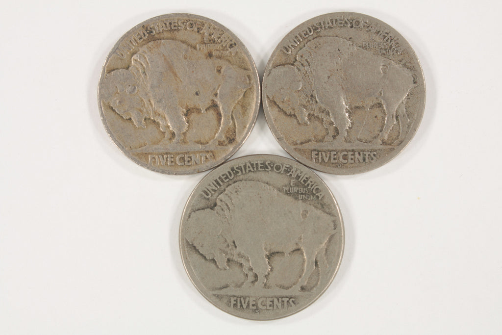 Lot of 3 Buffalo Nickels (1918-P + D + S) in Good to VF Condition, Natural Color
