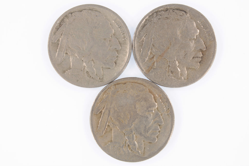 Lot of 3 Buffalo Nickels (1916-P + D + S) in VG to VF Condition, Natural Color