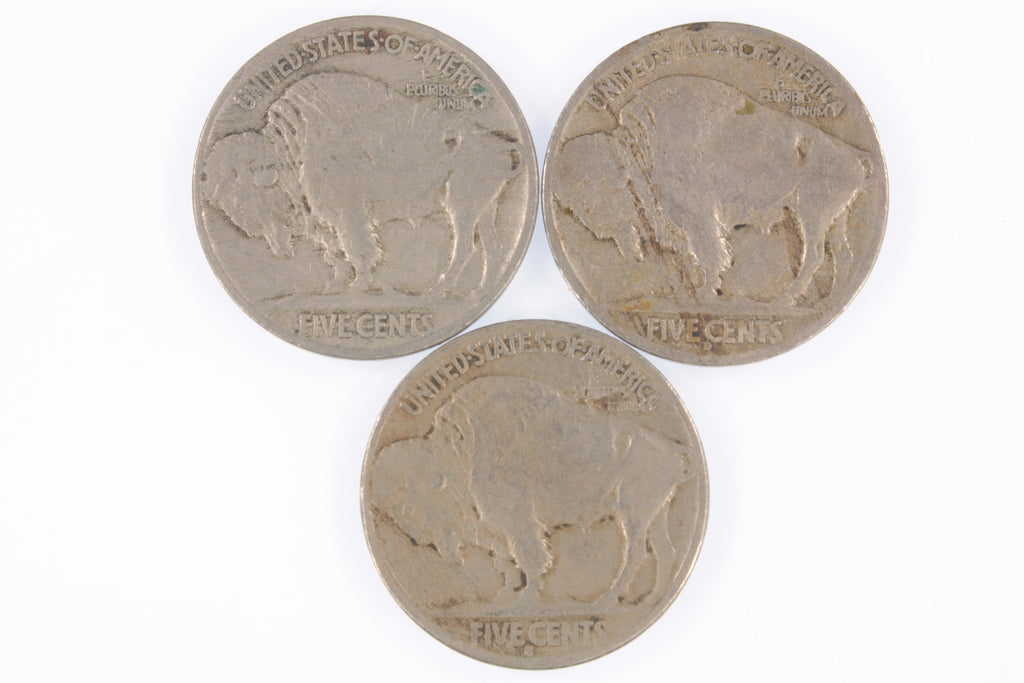 Lot of 3 Buffalo Nickels (1916-P + D + S) in VG to VF Condition, Natural Color