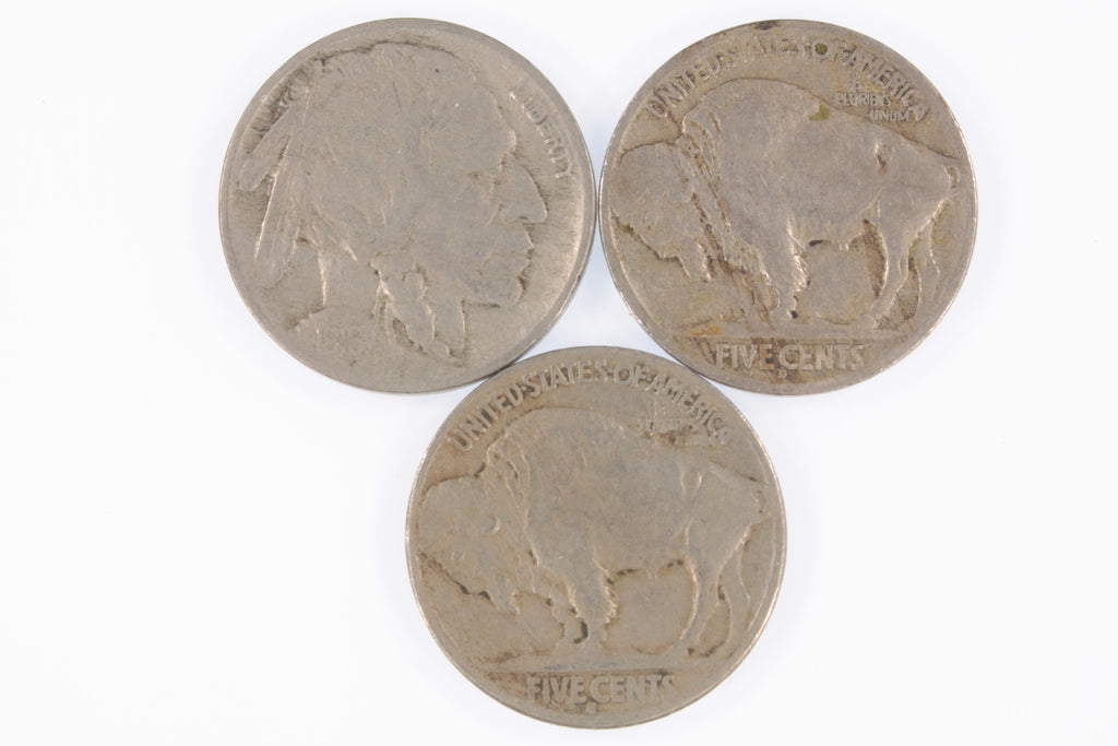 Lot of 3 Buffalo Nickels (1916-P + D + S) in VG to VF Condition, Natural Color