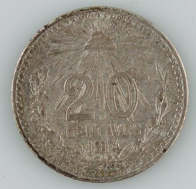 1914 Mexico 20 Centavos Coin Almost Uncirculated AU Mexican Silver