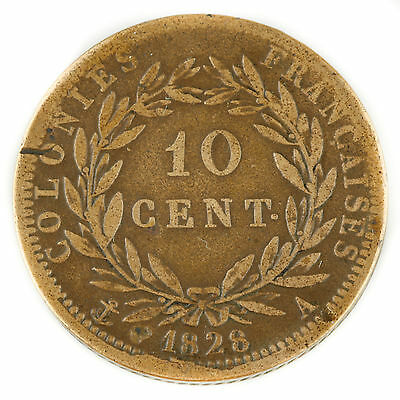 1828-A French Colonies 10 Centime (Very Fine, VF) Charles X Paris Mint KM#11.1