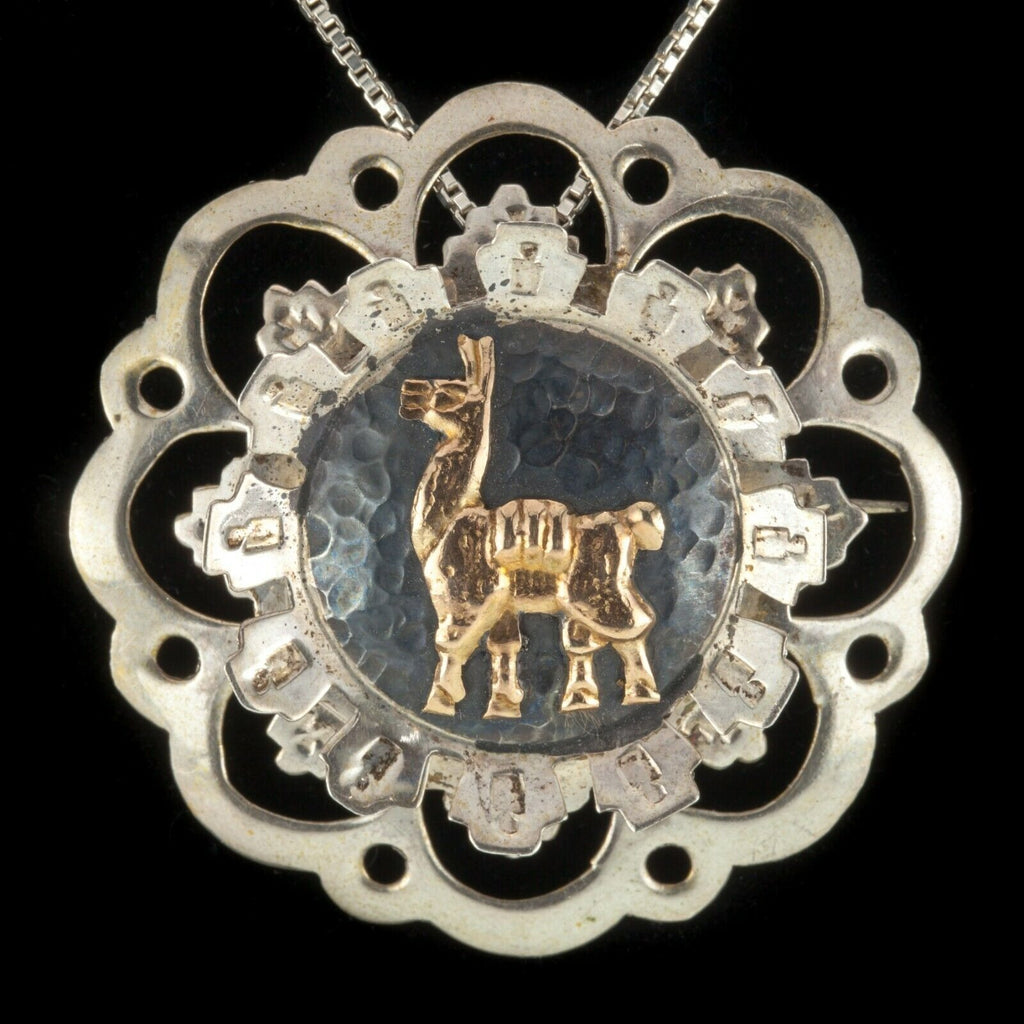 Antiqued Peruvian Inca Llama Sterling Silver and 18k Rose Gold Brooch