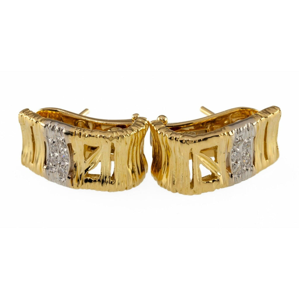 18k Two-Tone Gold Textured Huggie Earrings w/ Diamond Band Gorgeous!