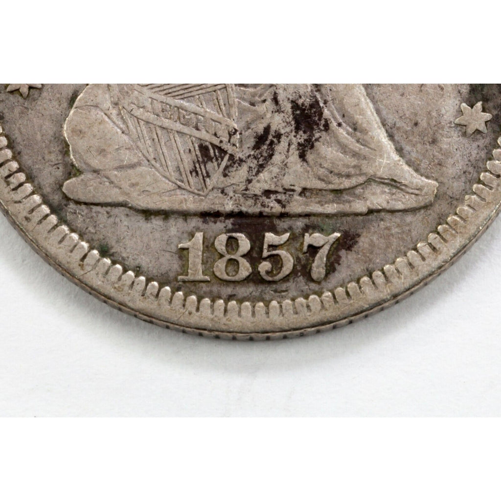 1857 25C Seated Liberty Quarter in Fine+ Condition, LIBERTY Bold and Clear