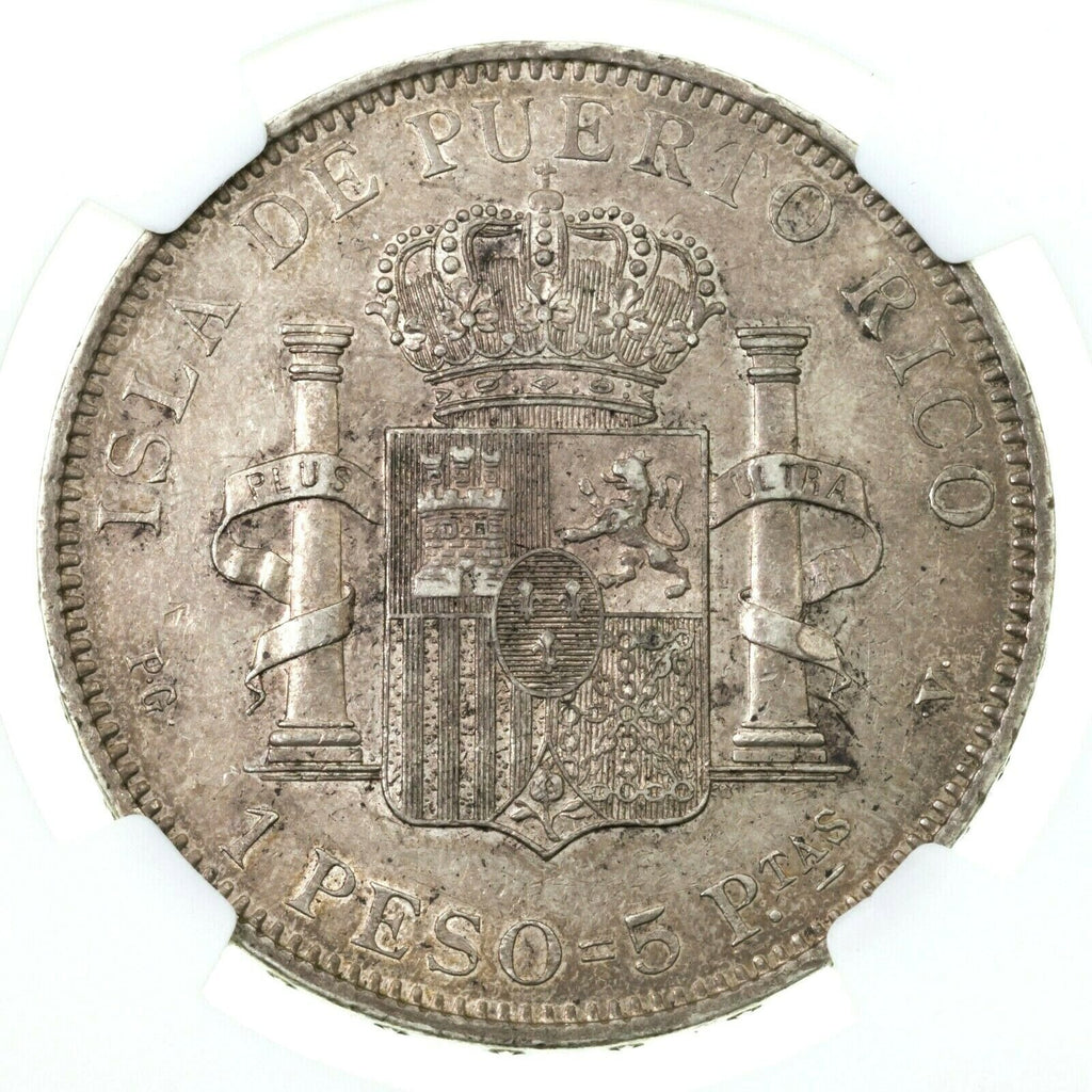 1895 PGV Puerto Rico Peso Silver Coin Graded AU-55 By NGC KM# 24
