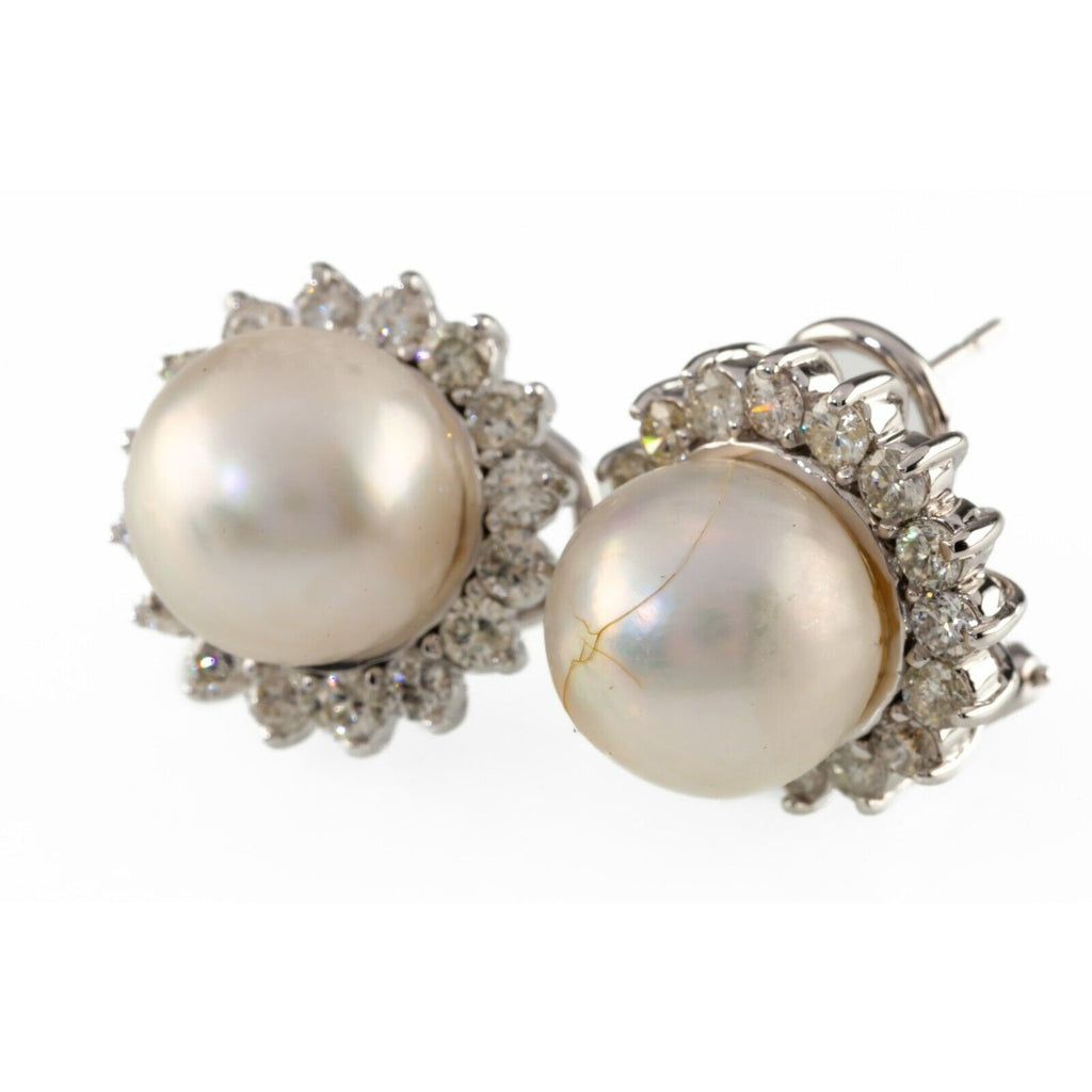 14k White Gold South Sea Cultured Pearl Earring Studs w/ Diamond Bezel & Cert