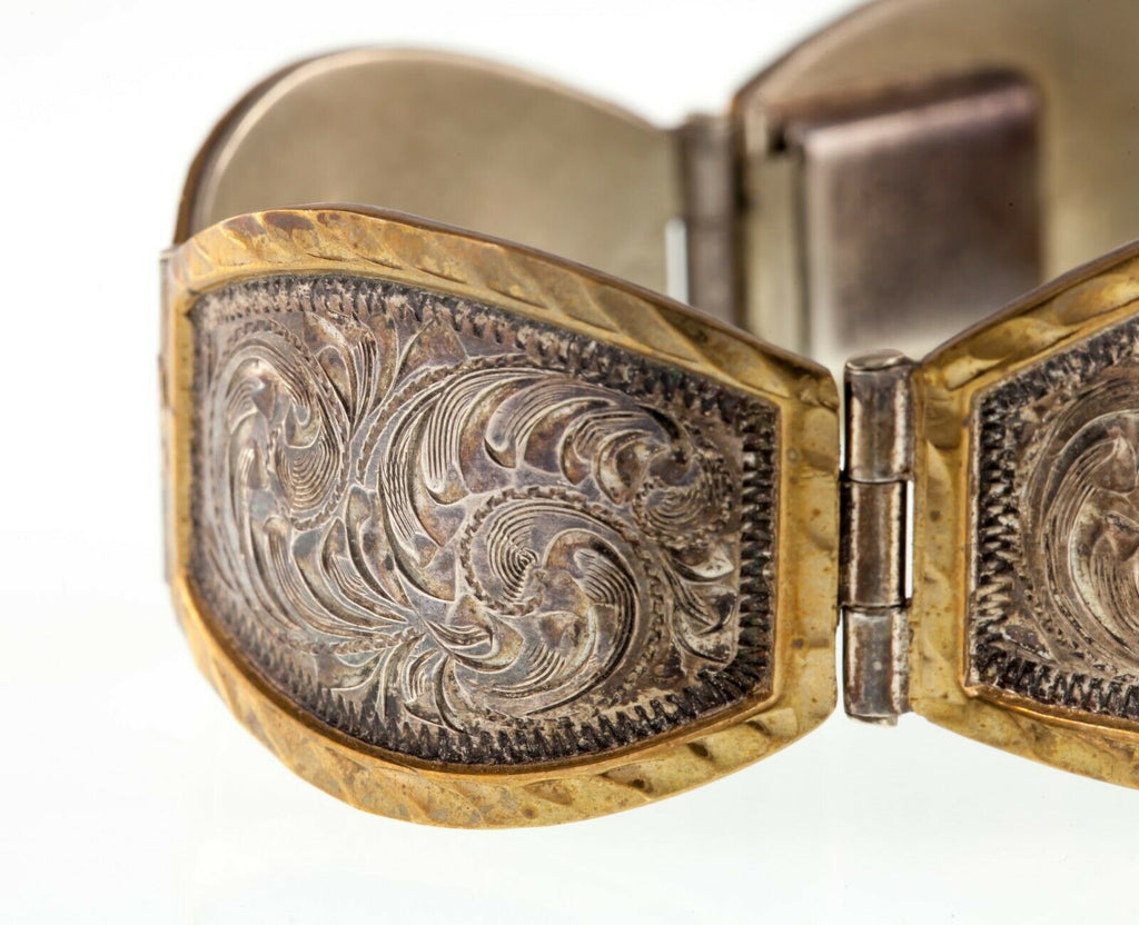 Vintage Mexico Sterling Silver & Brass Hand Engraving Link Bracelet 7.00"