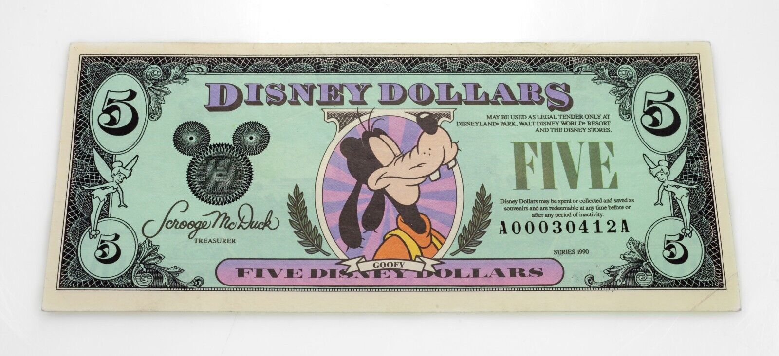 Series 1990 A $5 Disney Dollar Goofy UNC Condition Low