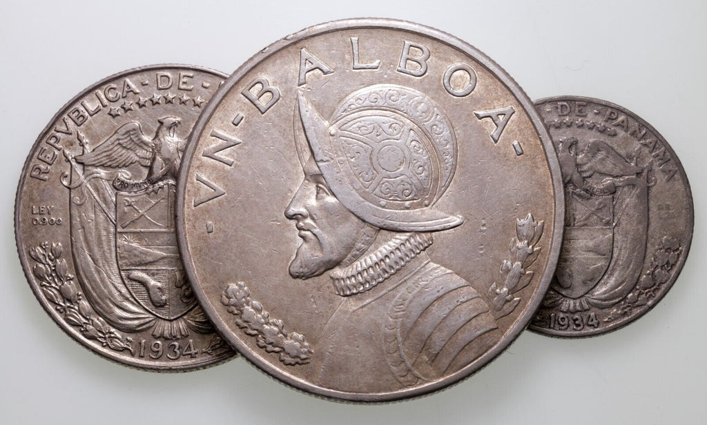 1934 Panama 1/4, 1/2 & Balboa Lot of 3 Silver Coins KM# 11.1, 12.1, 13