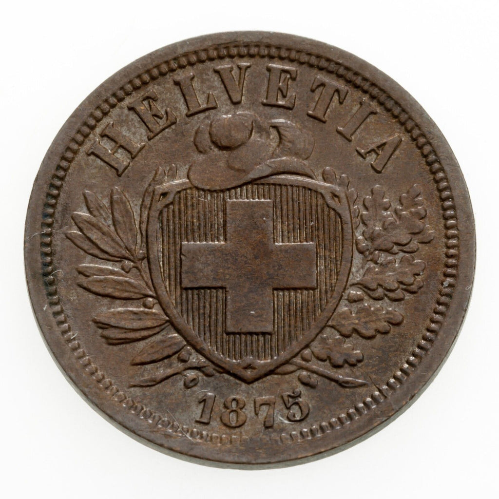 1875B Switzerland 2 Rappen Bronze Coin in UNC, KM# 4.1