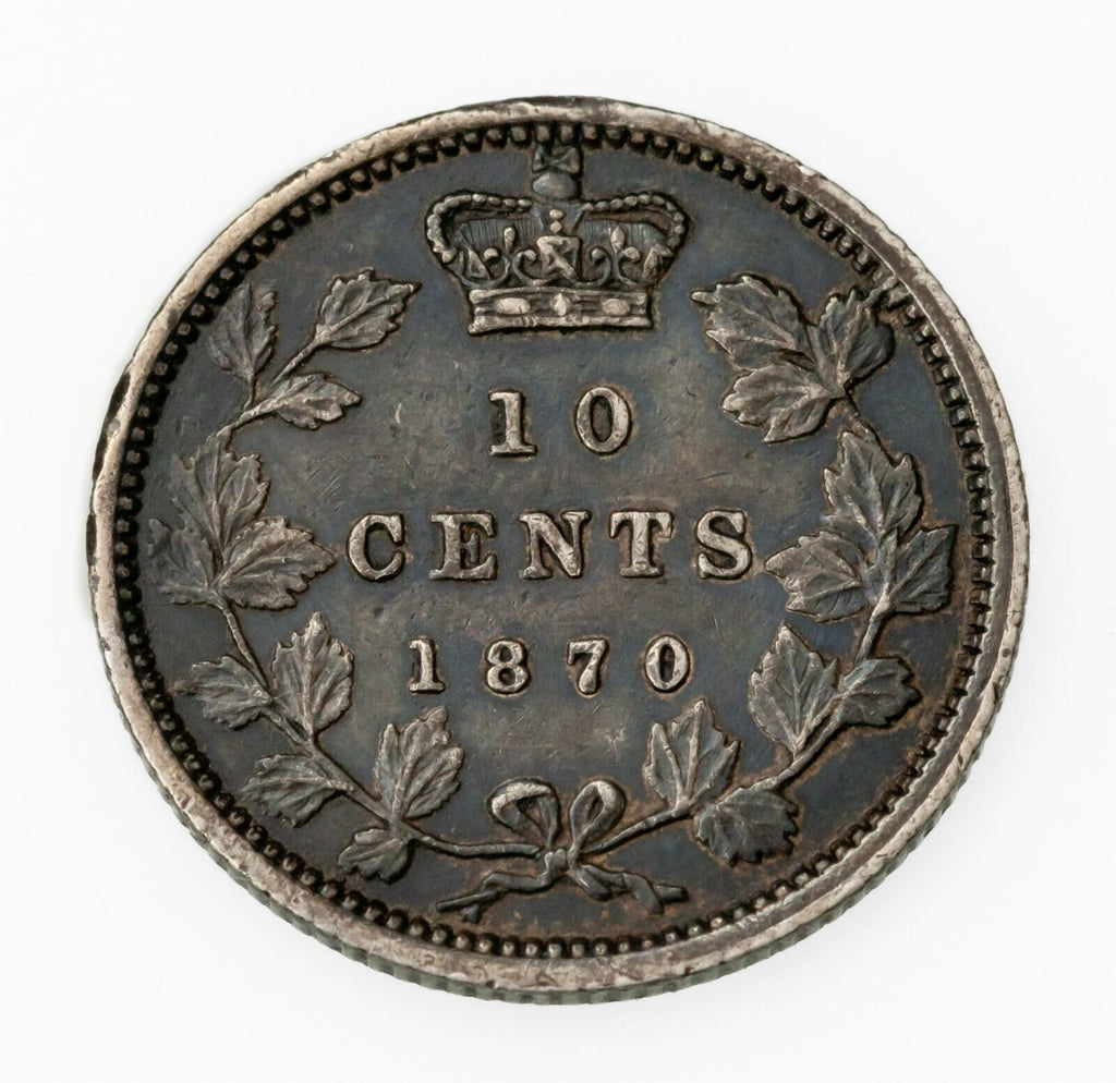 1870 Narrow 0 Canada 10 Cents Silver Coin In XF, KM 3