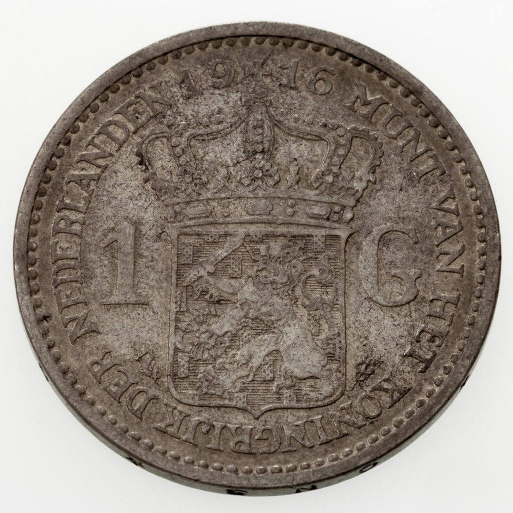 1916 Netherlands Gulden Silver Coin in VF Condition KM 148
