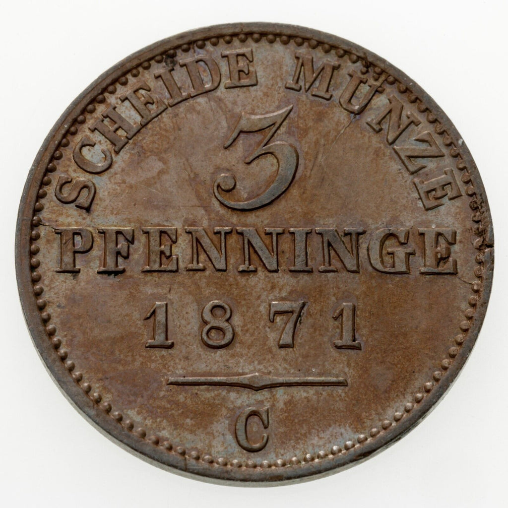 1871C German States Prussia 3 Pfennig Coin in BU, KM 482