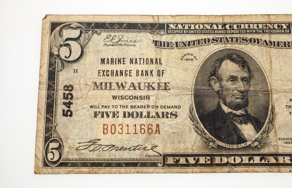 1929 $5 US Note Marine National Exchange Bank of Milwaukee Fine Condition #5458
